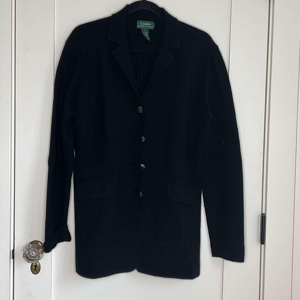 🕶️Lauren by Ralph Lauren 100% merino wool long black sweater coat knit blazer L